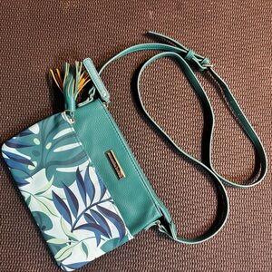 Samantha Brown Teal and Leaf Print Crossbody Bag with Tassel